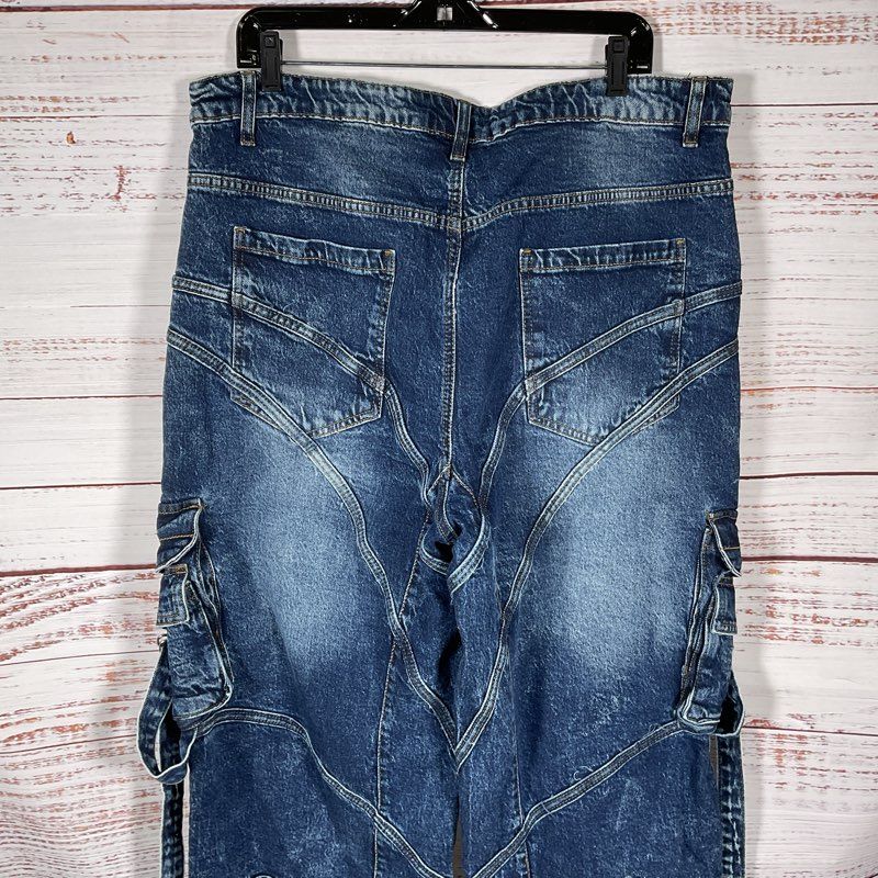 Boohoo Man Wide Leg Trim Detail Utility Cargo Festival Ravewear Jeans - Size 42