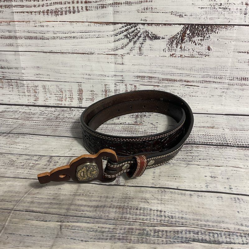 Montana Silversmiths Dark Brown Embossed Leather Cowboy Belt sz 32 *NO BUCKLE*
