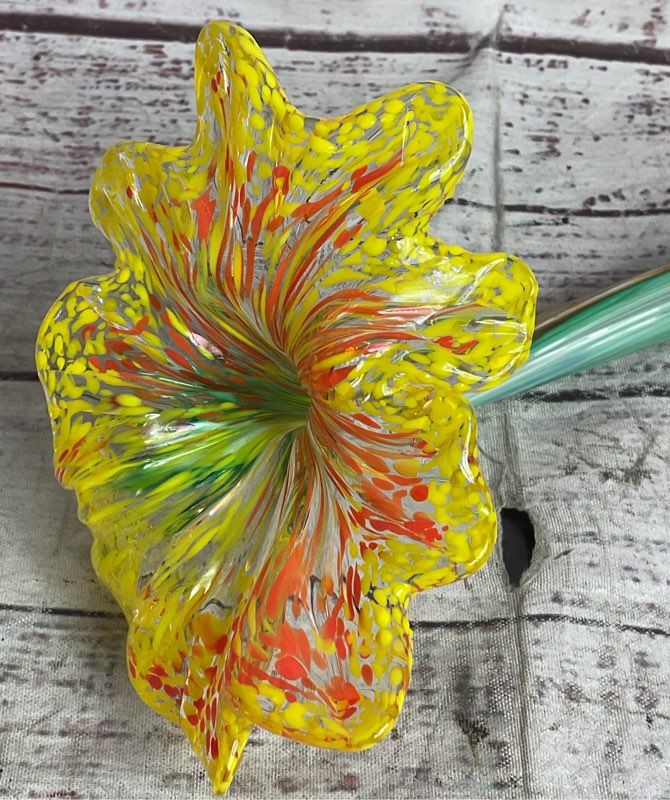Modern Handblown Moreno Style 15" Art Glass Lily Flower Yellow