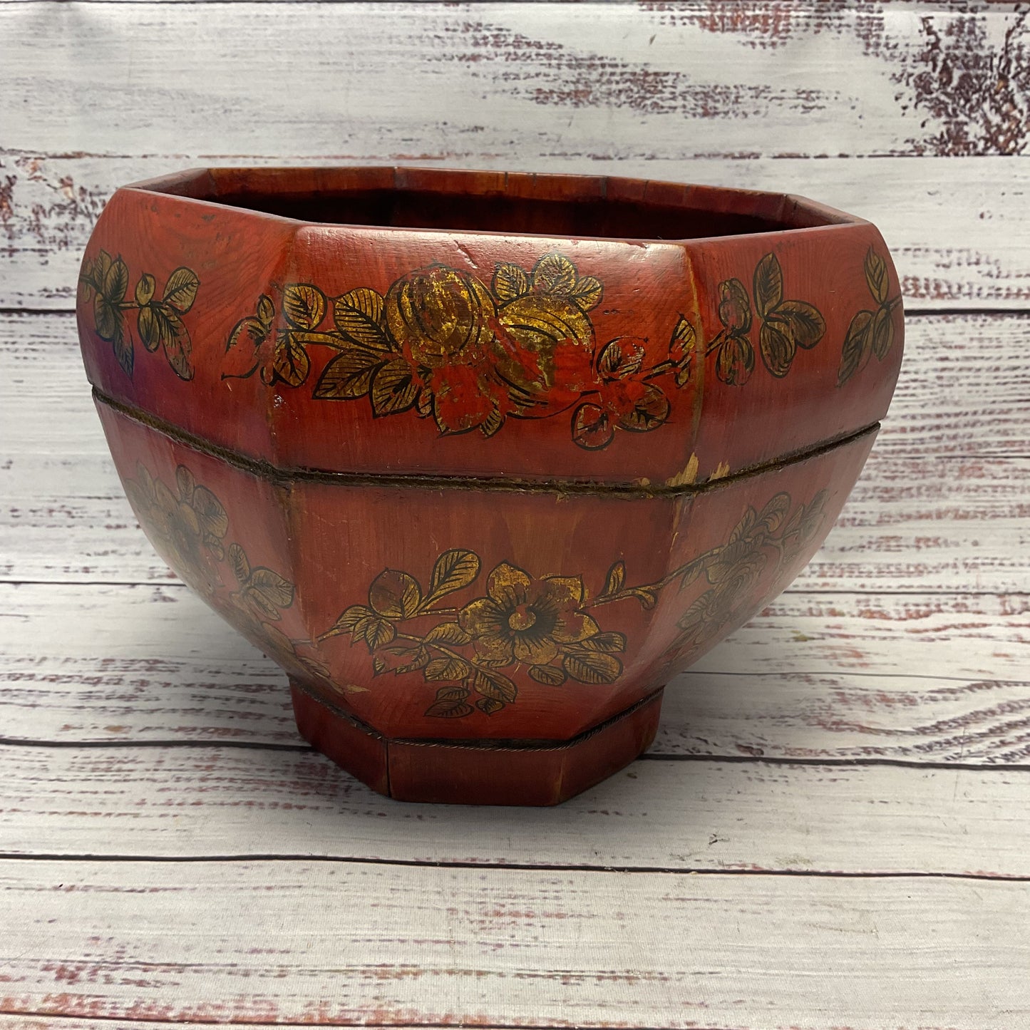 Red Lacquered Hand Crafted Octagonal Wooden Bucket 8.5"x 6"