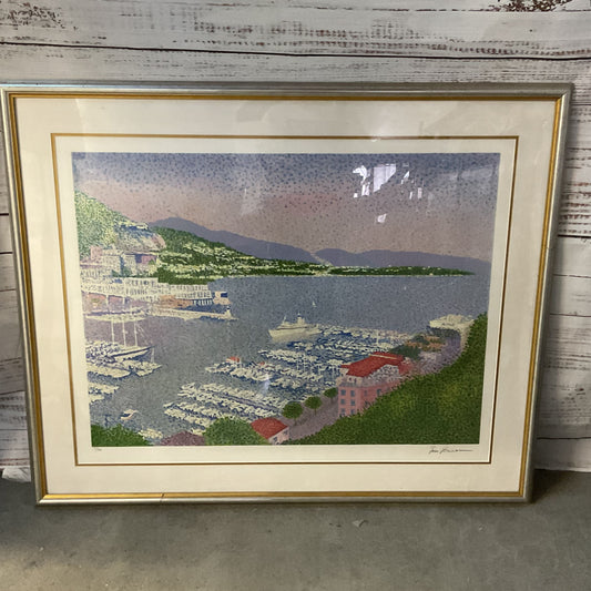 Pencil Signed 135/300 French JEAN VOLLET "Port de Monaco" Lithograph- 35" X 43"