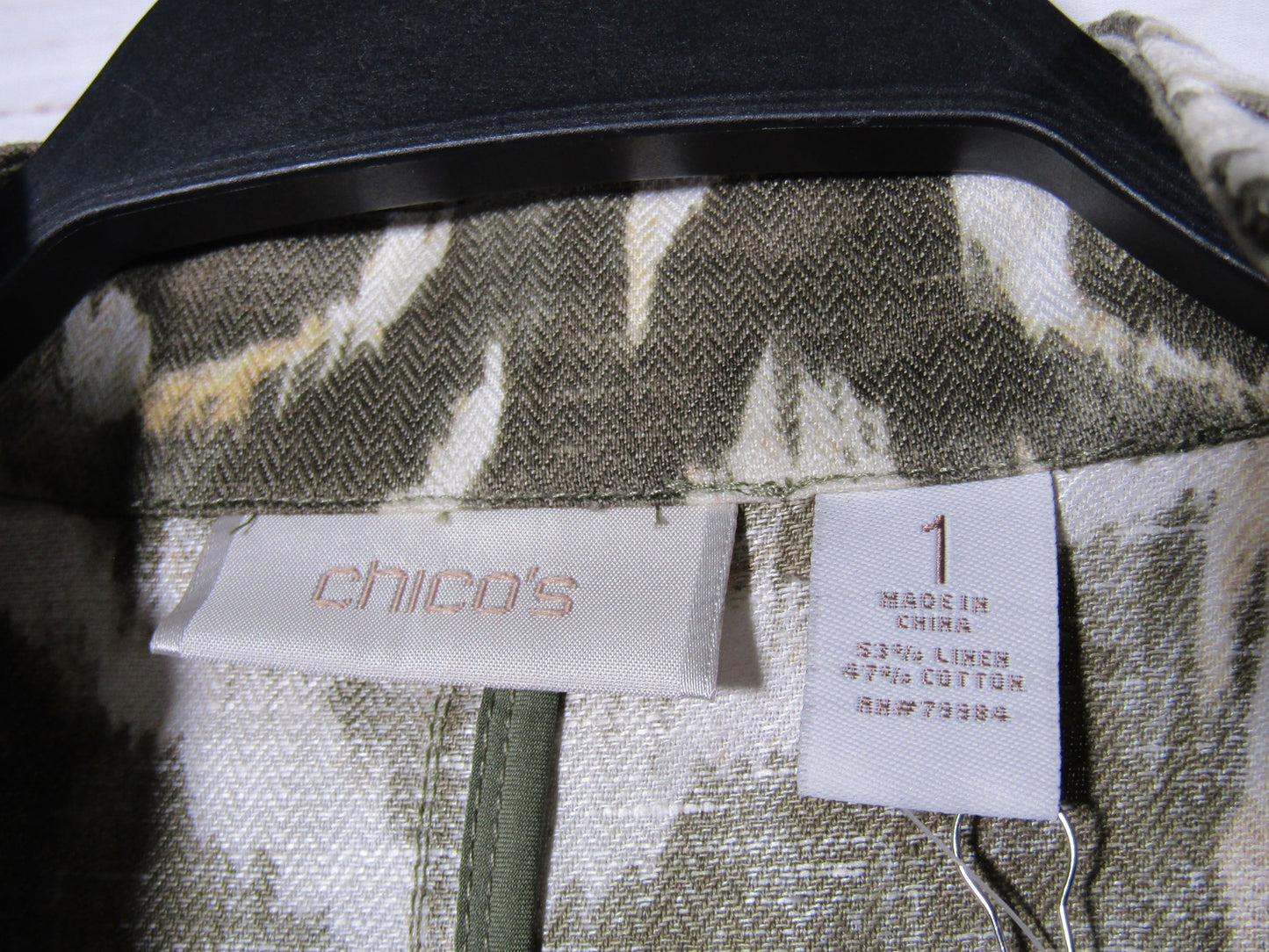 Chico's Ikat Women's Green Linen Blend Open Jacket Size 1