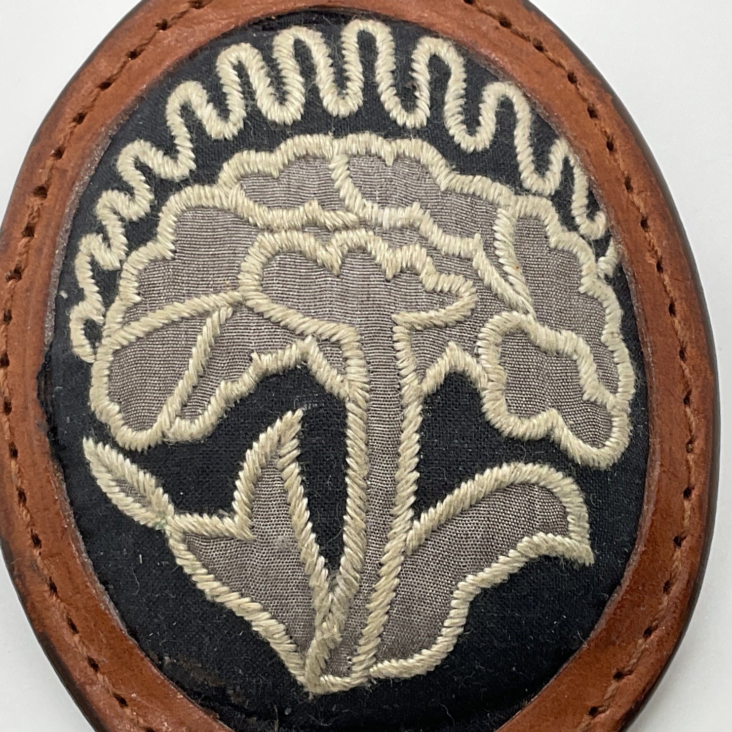 VTG./ANTIQUE Embroidered Leather Brooch/Pin- 3"