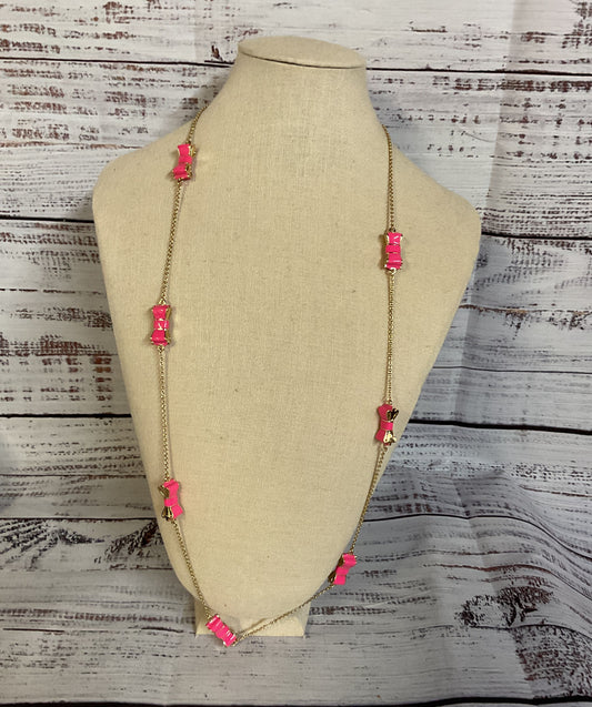 Kate Spade Gold Tone Hot Pink Enamel Bow Long Chain Necklace