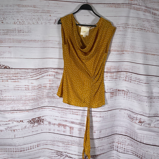 Maeve Anthropologie Mustard Yellow White Polka Dot Draped Neck Top - Size 6
