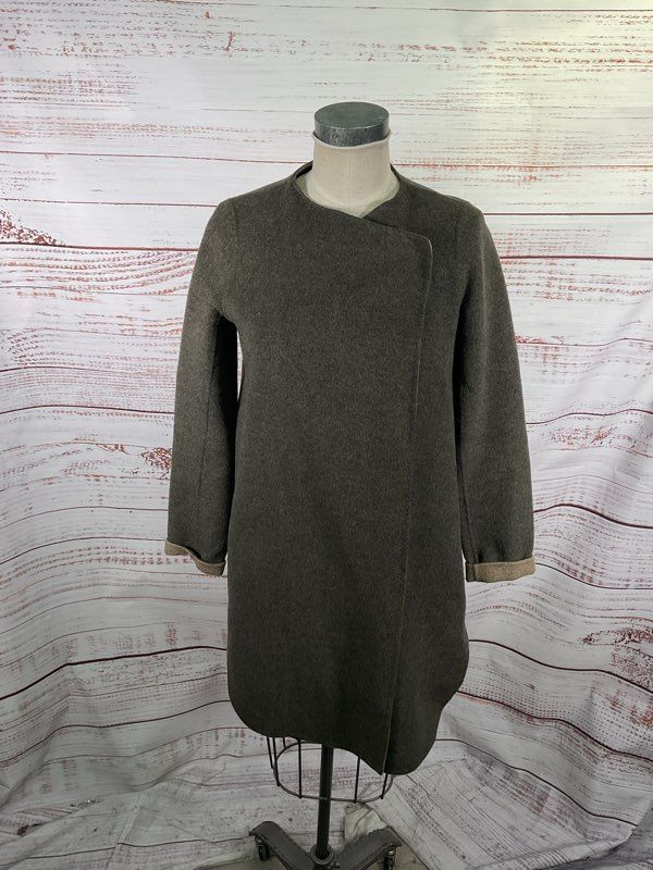 Vince Grey Olive Double-Faced Wool Coat Two Snap Front Pockets Size XS