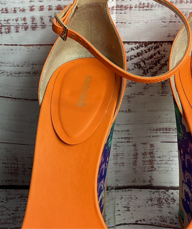 Roberto Cavalli Satin Floral Print Platform Wedge Heels 38.5