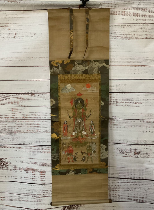 Antique 1800's Japanese Blue-Faced Kongo Koshin Wall Scroll Multicolor