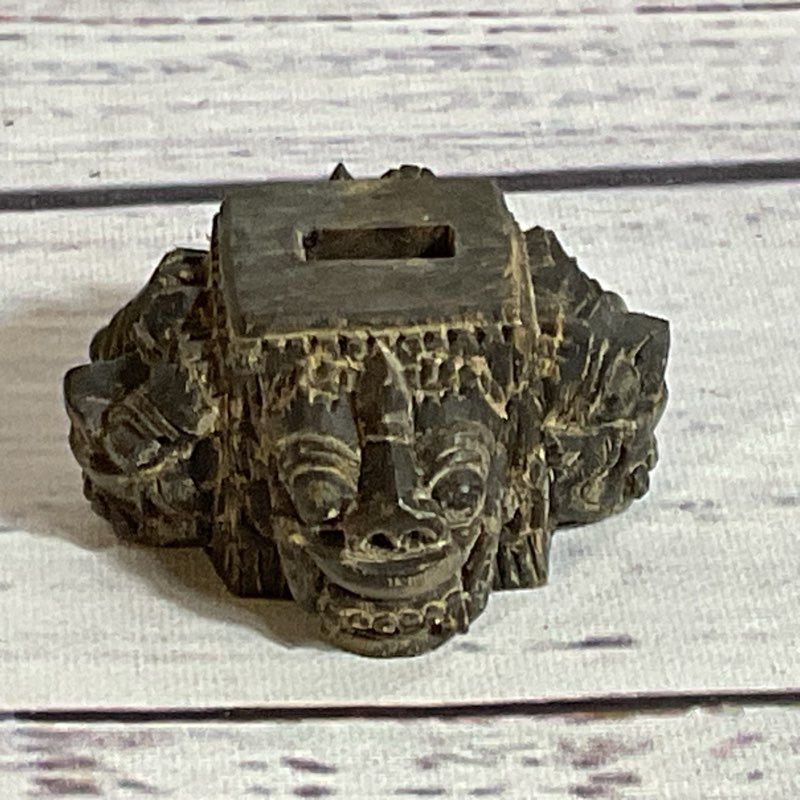 ANTIQUE Japanese Black Wood Carved Masks Figurine Display Stand- 1.25"