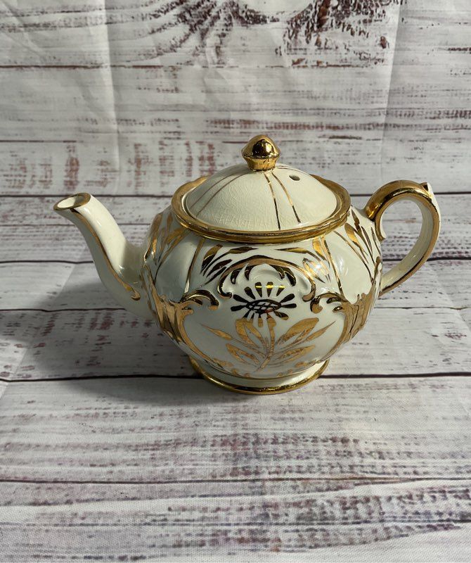 Sadler England Gold & Cream Stripe Mini Tea Pot Vintage 3.5"