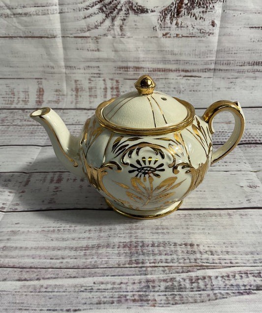 Sadler England Gold & Cream Stripe Mini Tea Pot Vintage 3.5"
