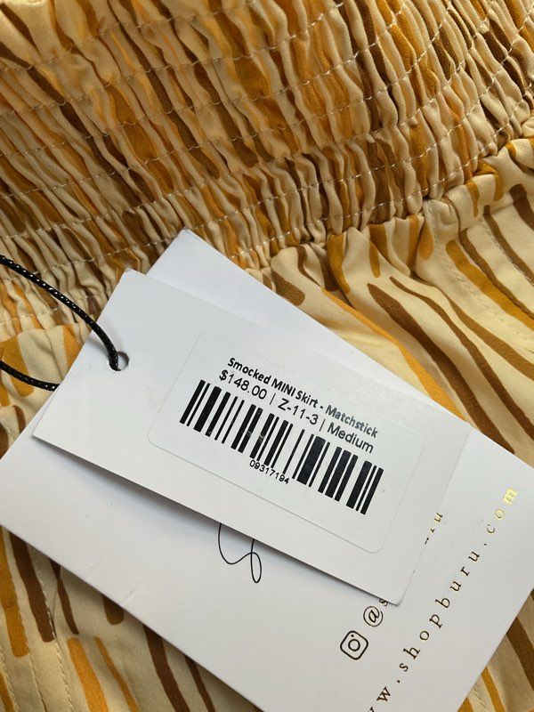 NWT Women's Buru Yellow Brown Smocked Mini Skirt Matchstick