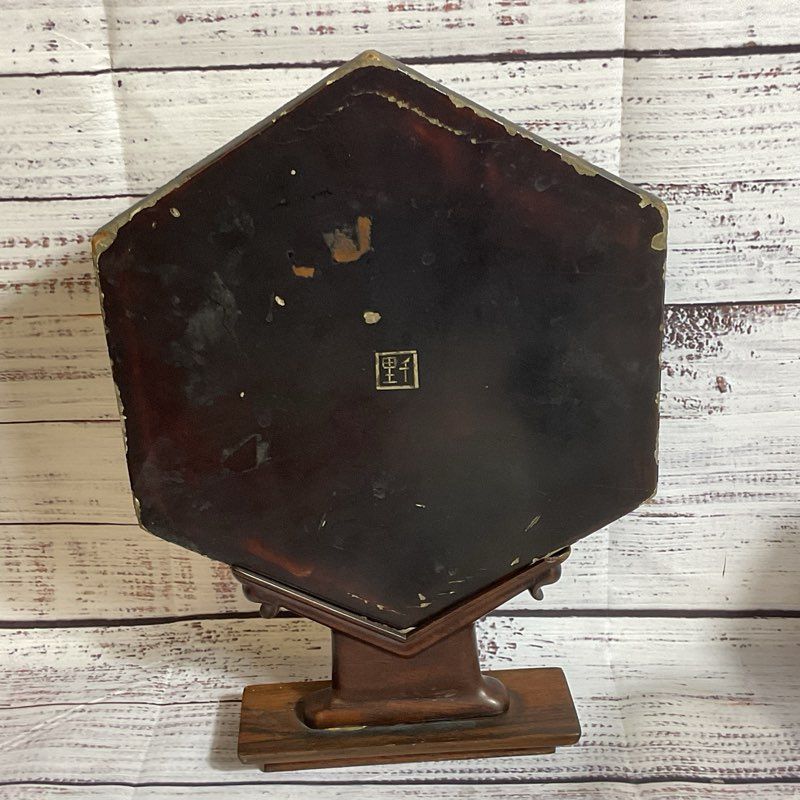 ANTIQUE Chinese Qing Dynasty Wood Metallic Inlaid Lacquer Decorative Piece-11.5"