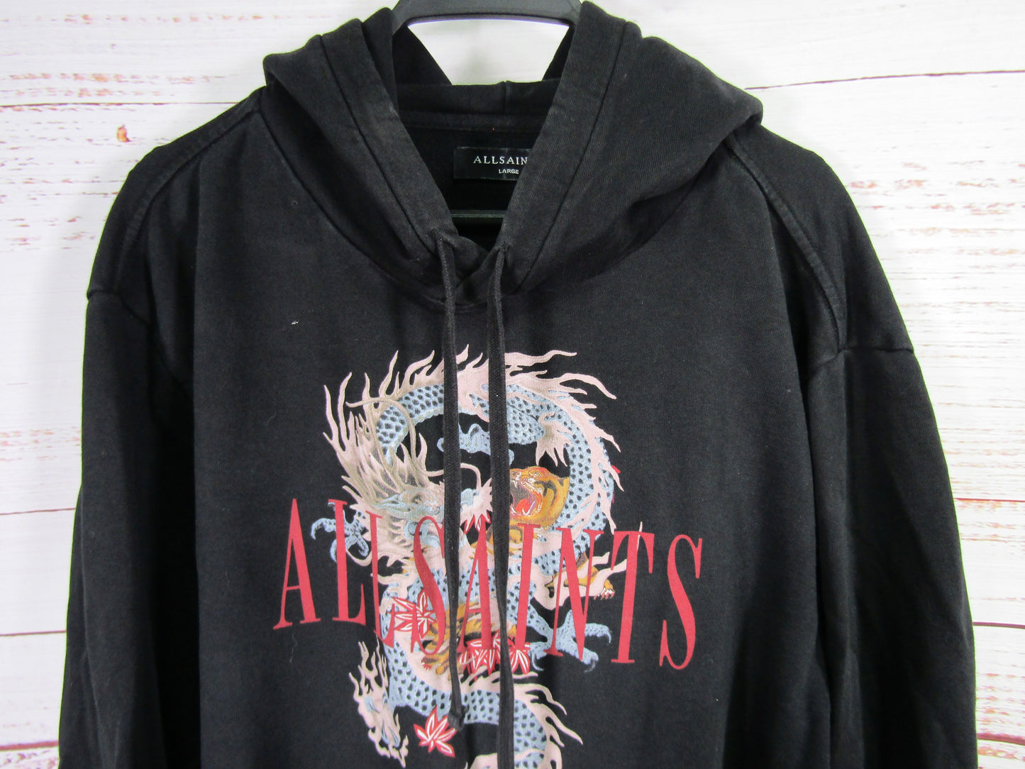 AllSaints DNA Men's Distressed Black Dragon Print Cotton Hoodie Size L