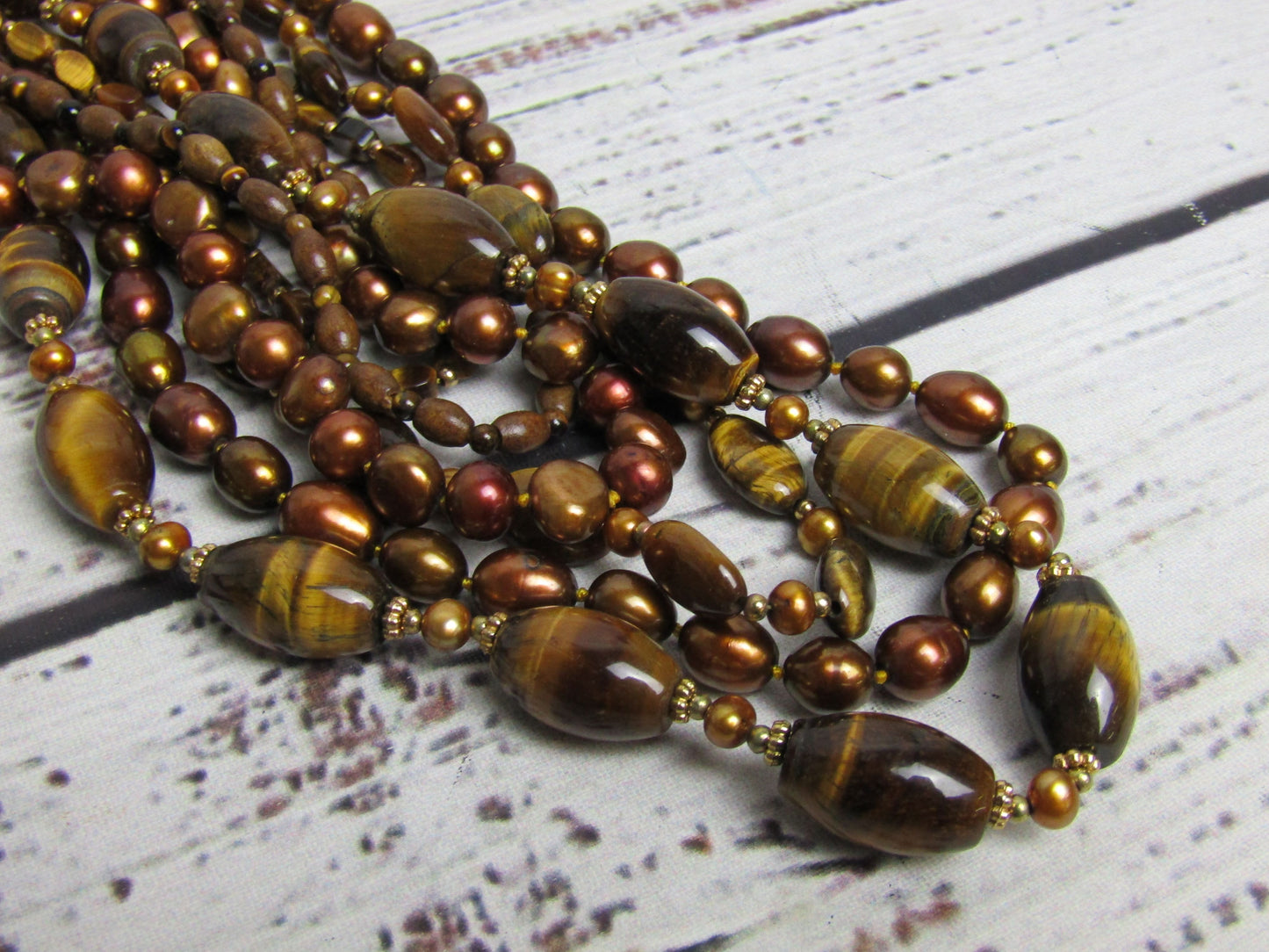 Coldwater Creek Multi-Strand Freshwater Pearl Tiger's Eye Beaded Necklace
