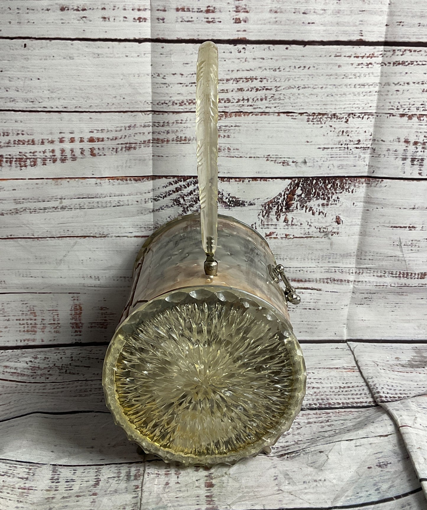 Vintage 1950s Carved Lucite Barrel Florida Handbag Silver Pearl Clear