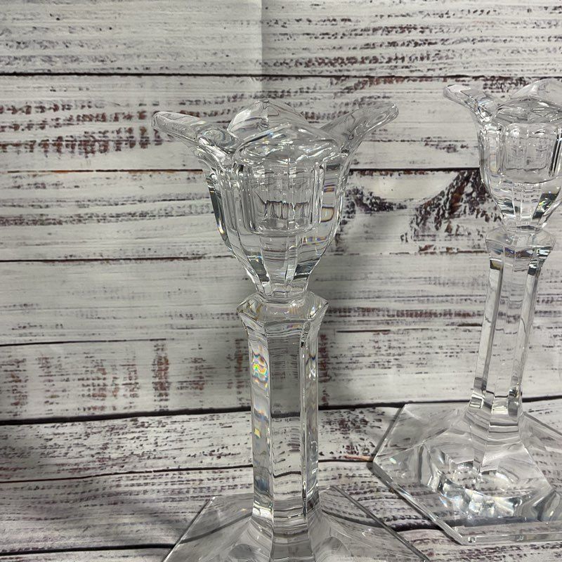 Set Of 2 Orrefors Lily Flower Crystal Glass Candlesticks