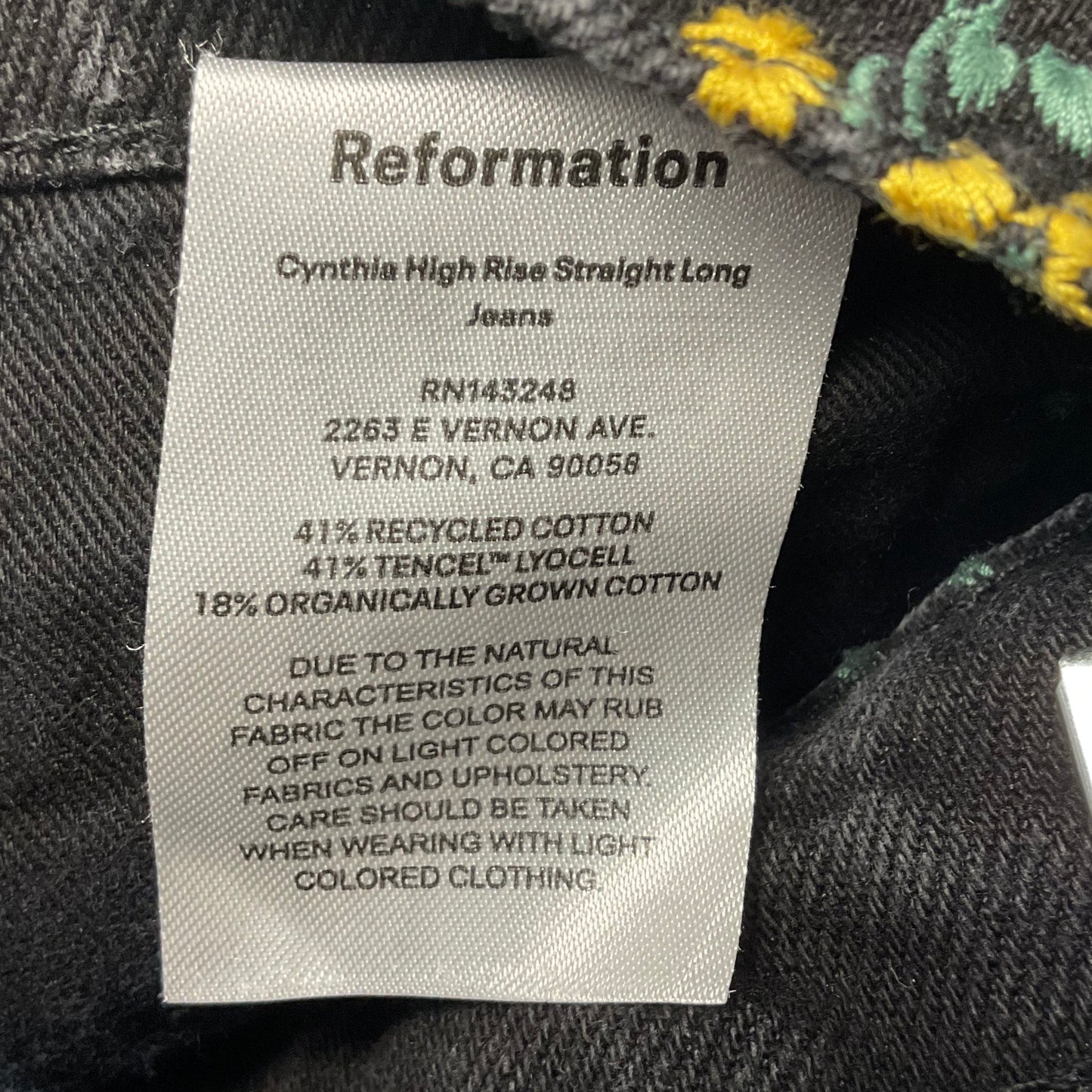 Reformation Jeans Black Floral Flower Embroidered Pants - Size 24x23