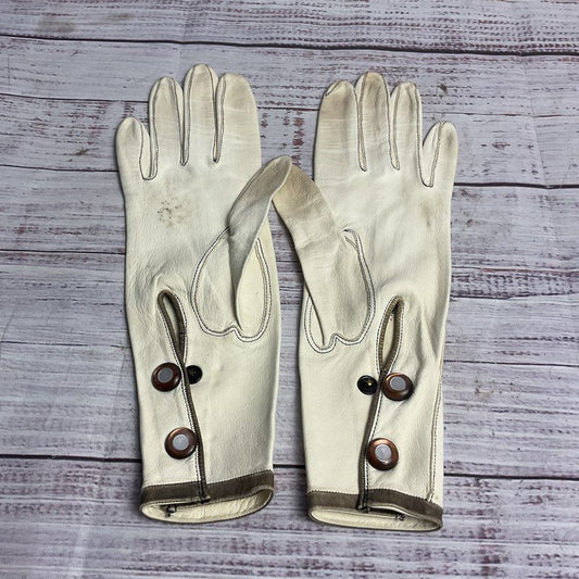 Vintage Ivory Kidskin Leather Stitching Detail Driving Gloves - Size 6.5