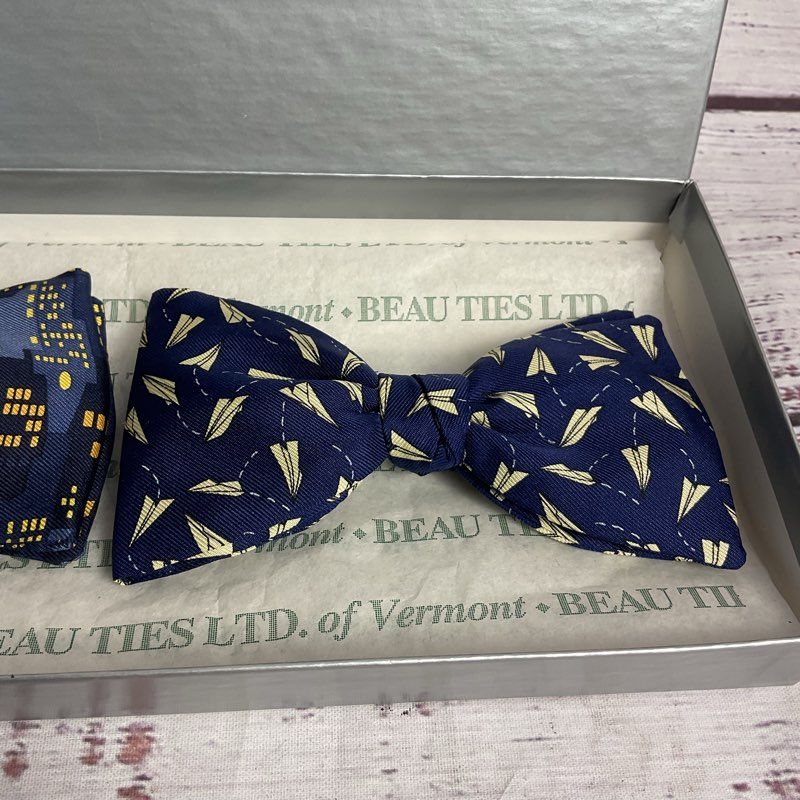 Josh Bach X Beau Ties of Vermont Blue Paper Plane & Skyline Clip On Bowties Set