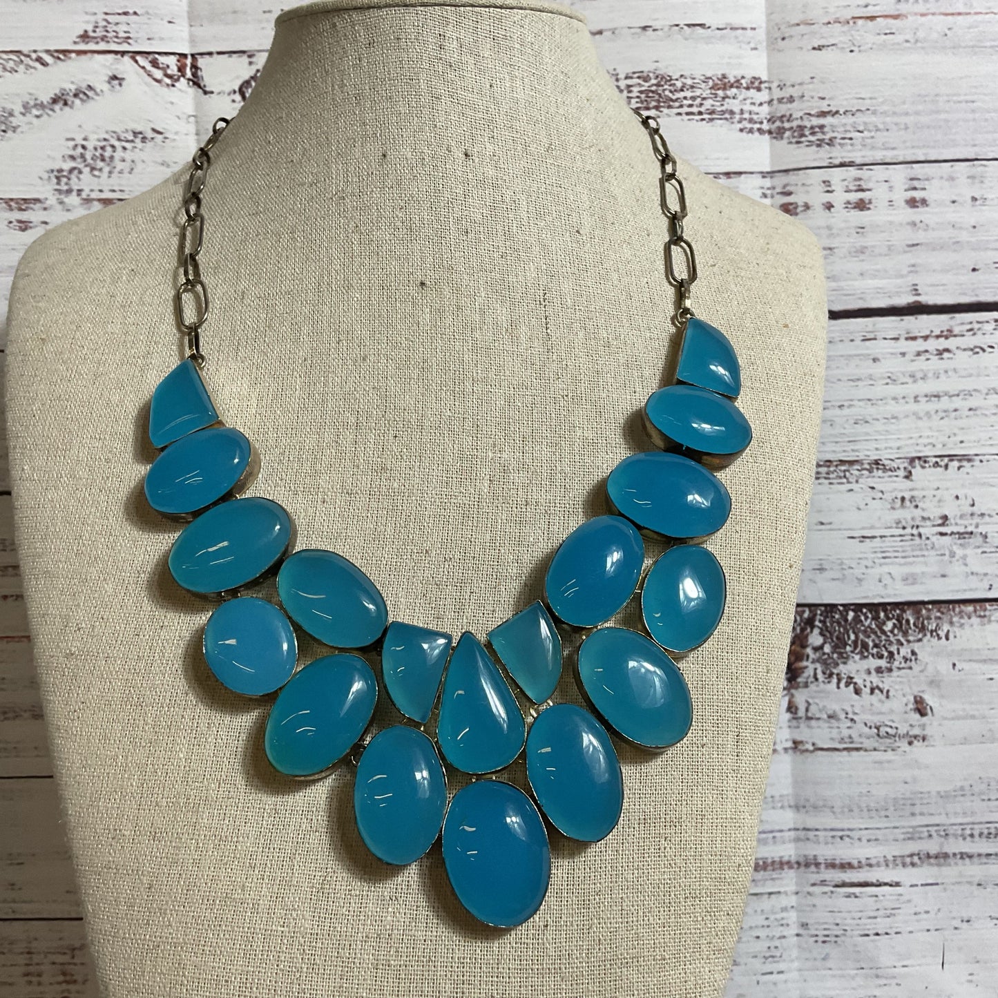 Silver Tone & Blue Stone Bib Statement Necklace