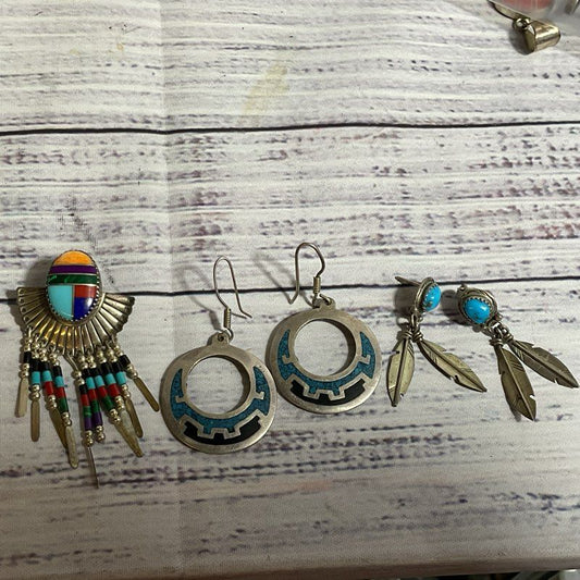 Set of 3 Mexico and Native Sterling Earrings- 23.39g (2 PAIRS & ONE SINGLE)