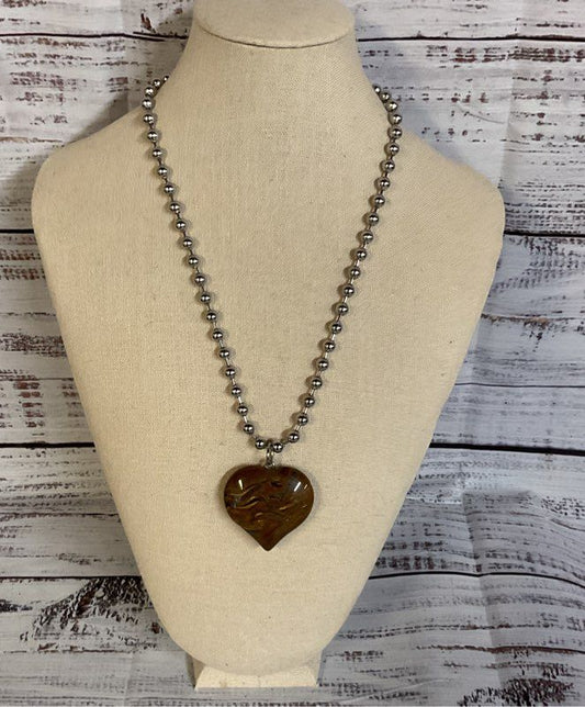 Arcanum Silver Tone Chain Necklace with Tiger Iron Heart Pendant