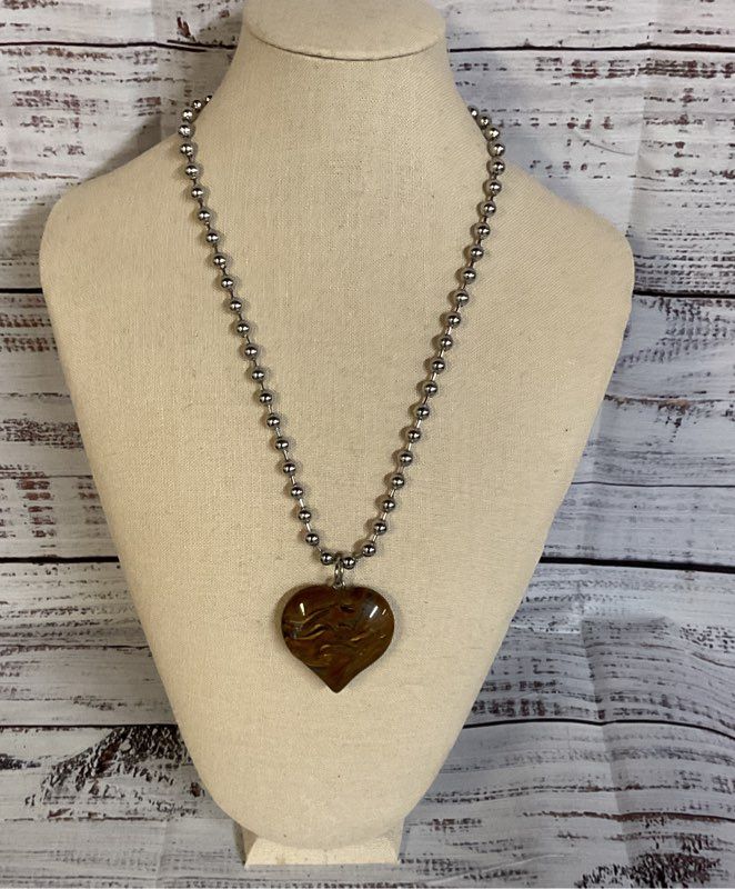 Arcanum Silver Tone Chain Necklace with Tiger Iron Heart Pendant