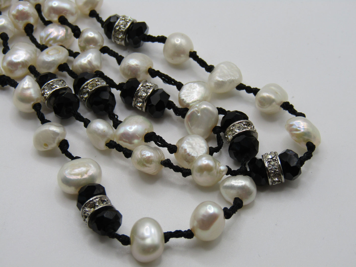 16 1/4" Multi Strand Freshwater Baroque Pearl Onyx Rhinestone Necklace