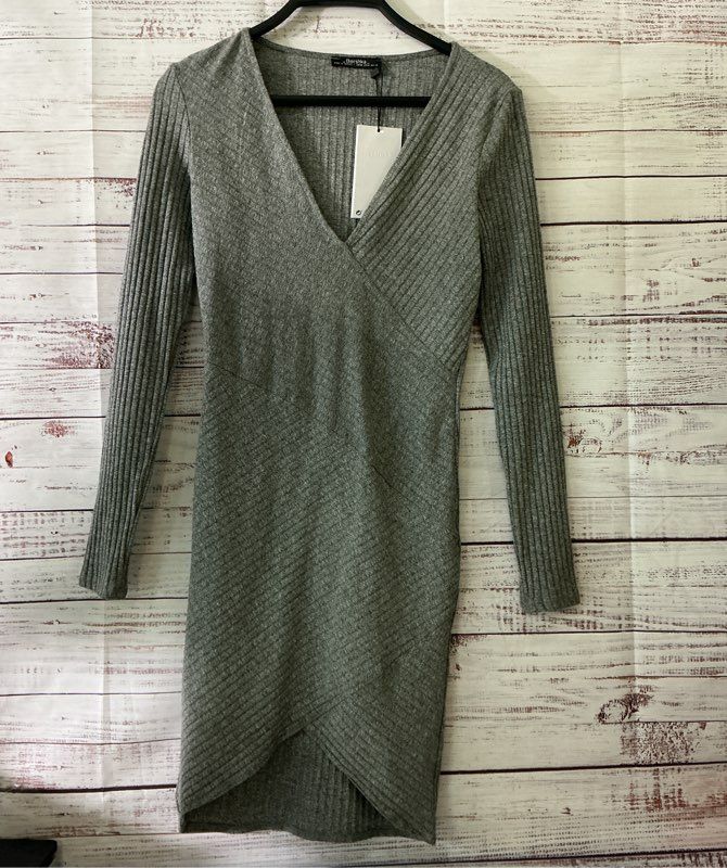 NWT Women's Bershka Gray Ribbed Fitted Dress Size M Retail $119
