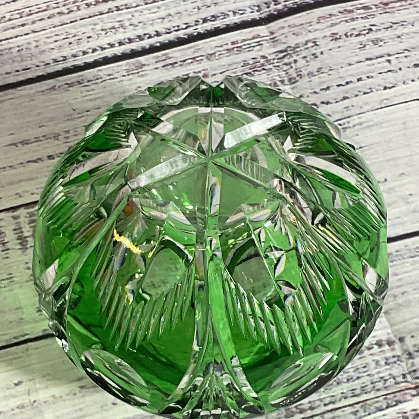 VTG. Bohemian Emerald Green Cut Crystal Round Vase- 4.5"