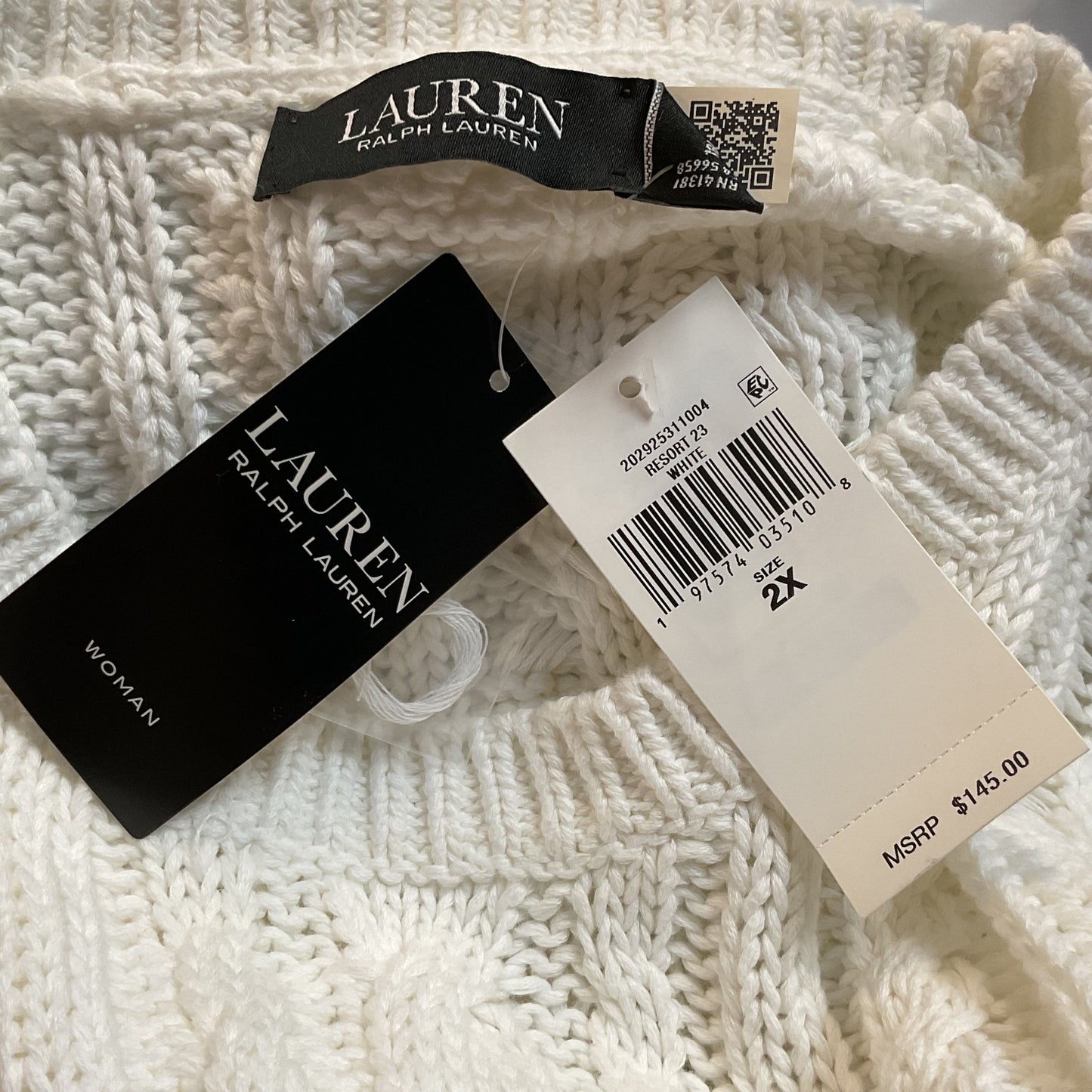 NWT LAUREN by RALPH LAUREN Resort 23 Women's White Cable Pullover Sweater- SZ 2X
