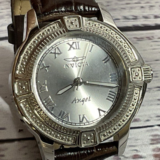 INVICTA Angel Collection Women's Silver Tone Brown Leather Band Watch