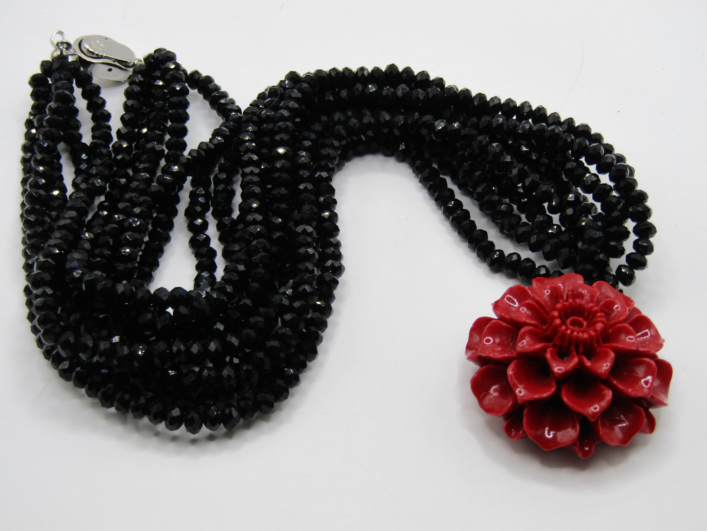 Handcrafted Multi-Strand Faceted Black Rhinestone Floral Carved Resin Necklace