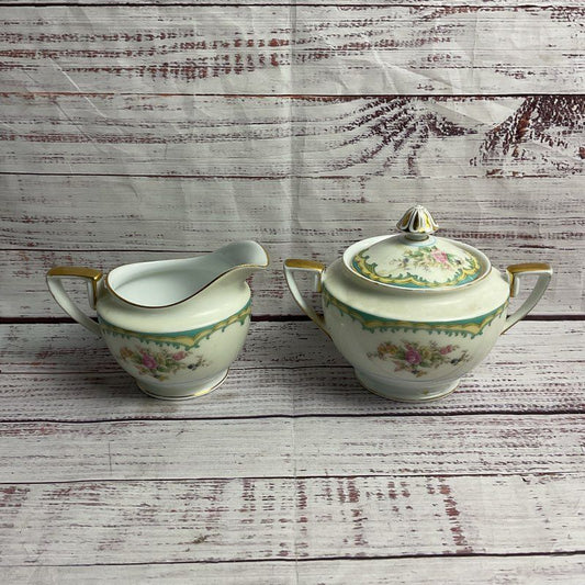 Noritake Ingram Floral Gold Trim Porcelain Creamer & Lidded Sugar Set