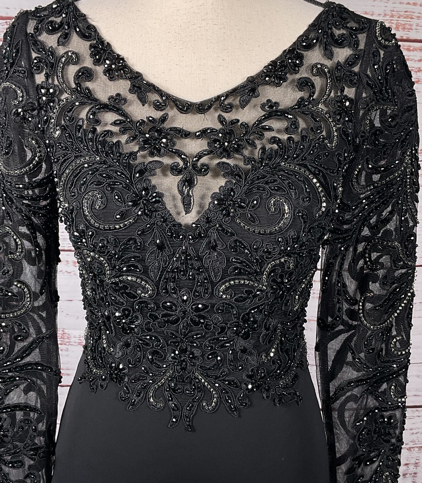 Terani Lacy Mermaid Long-Sleeve Gown Black 4