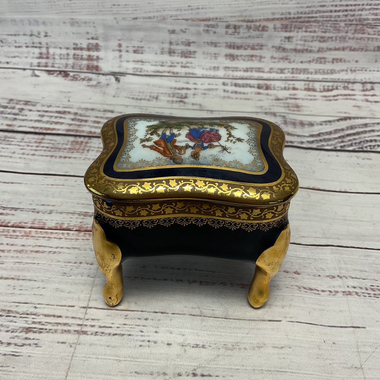 Limoges France Cobalt Blue Gilded Porcelain Ceramic Trinket Box 3"x3.5"x2.5"