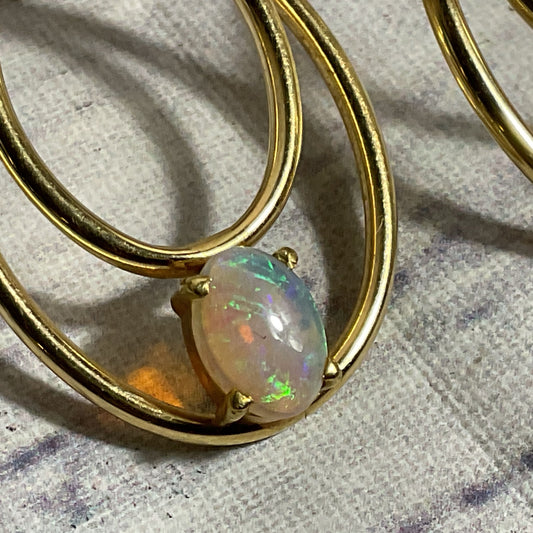 14K Yellow Gold & Opal 1" Oval Dangle Earrings- 2.89g