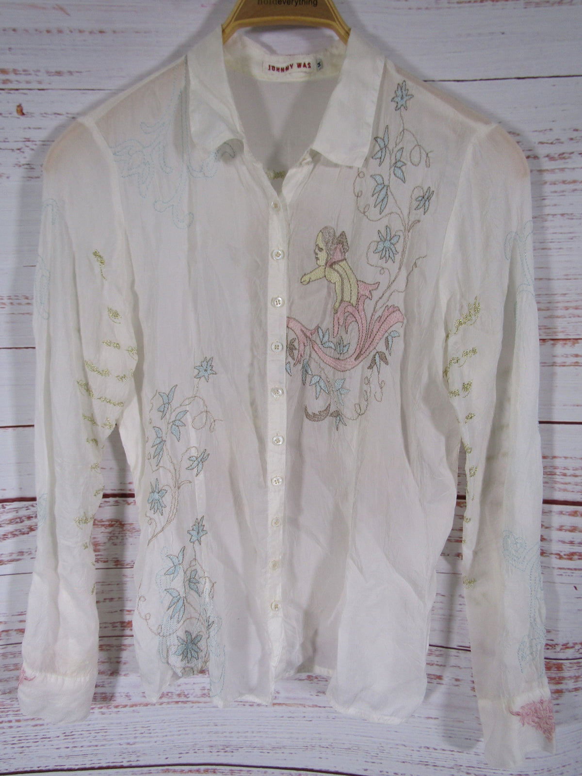Vintage Johnny Was Angel Women's White Cherub Motif Long Sleeve Blouse Size M
