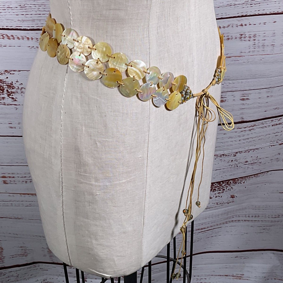 VTG. Mother of Pearl Shell Disc Adjustable Boho Braided Cord Belt- 60"