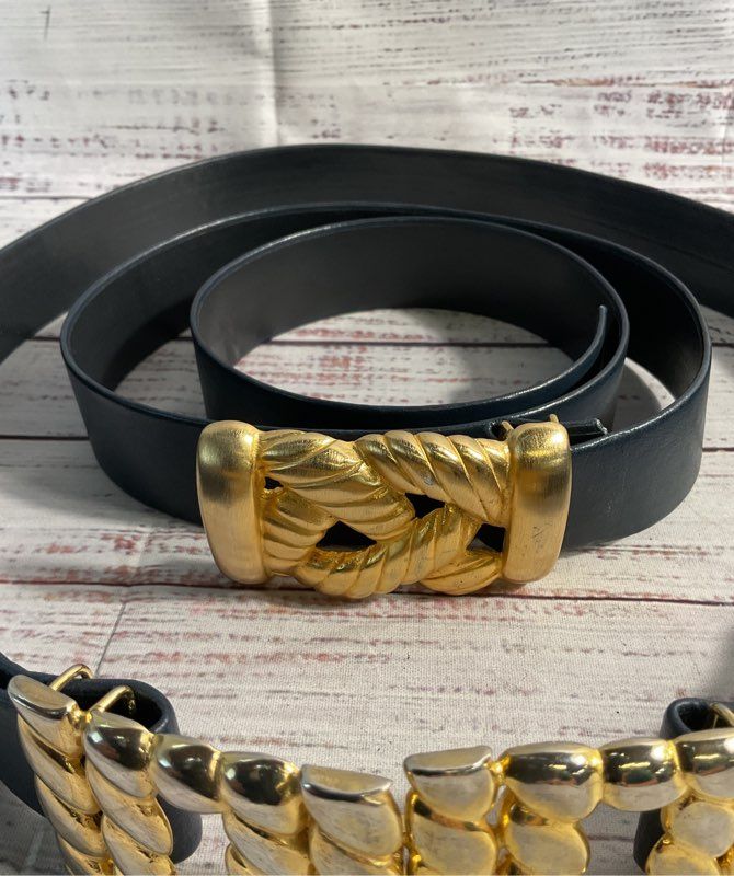 Vintage Lot of 2 Gay Boyer Women's Blue Leather Gold Buckles Belts