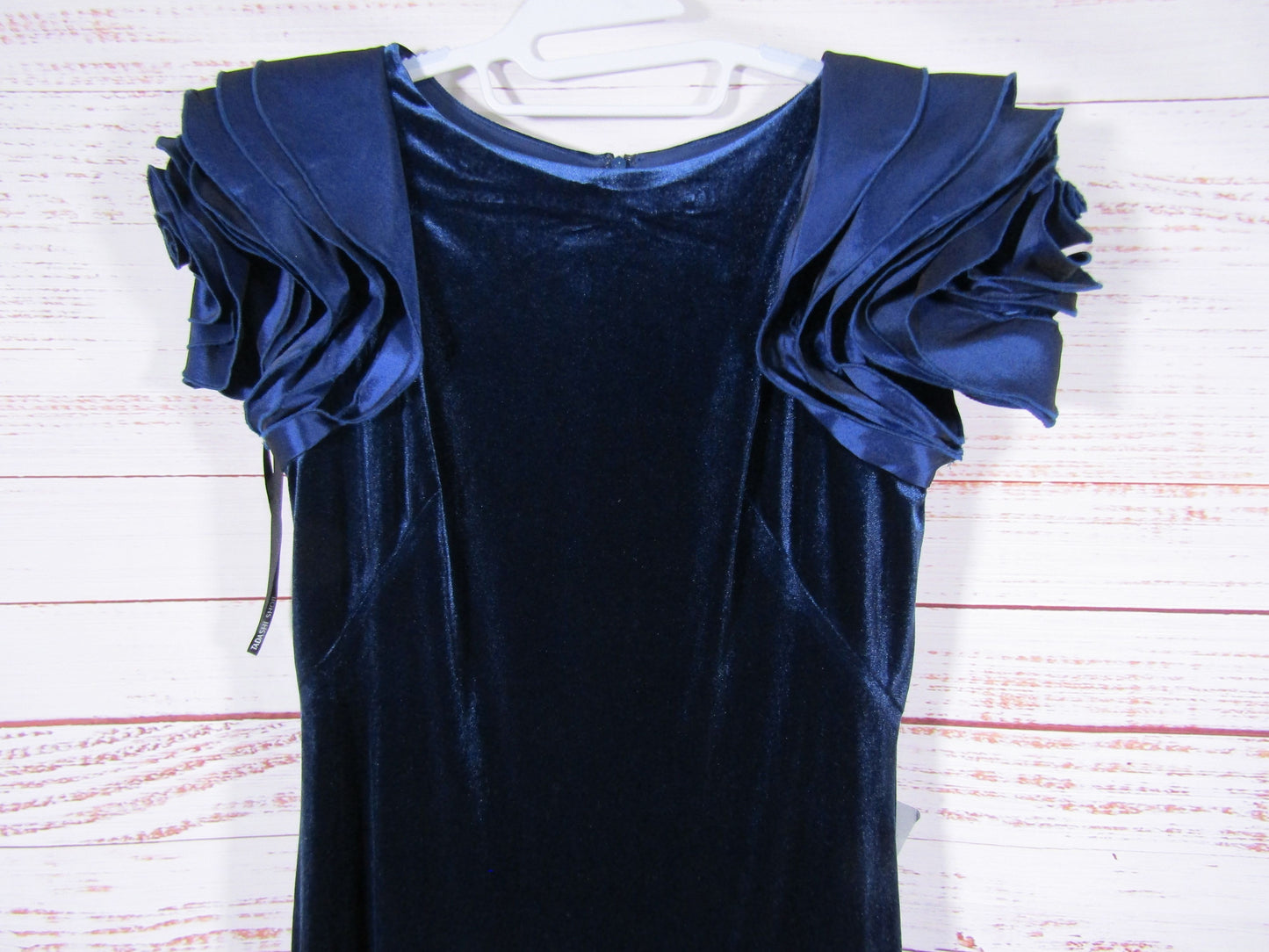 Tadashi Shoji Maylee Women's Navy Blue Velvet Rosette-Shoulder Gown Dress Size L