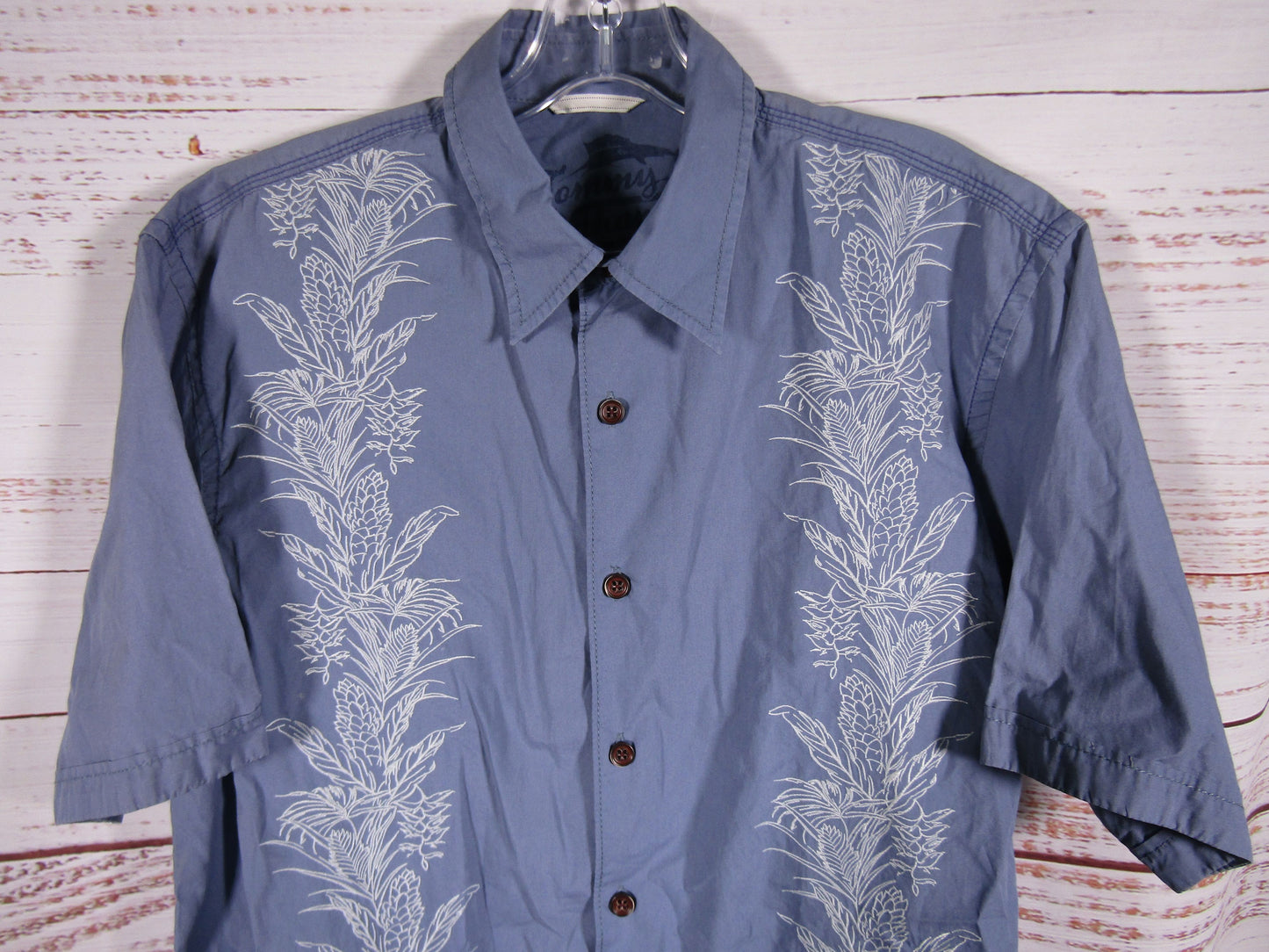 Tommy Bahama Men's Blue Floral Embroidered Short Sleeve Cotton Shirt Size M