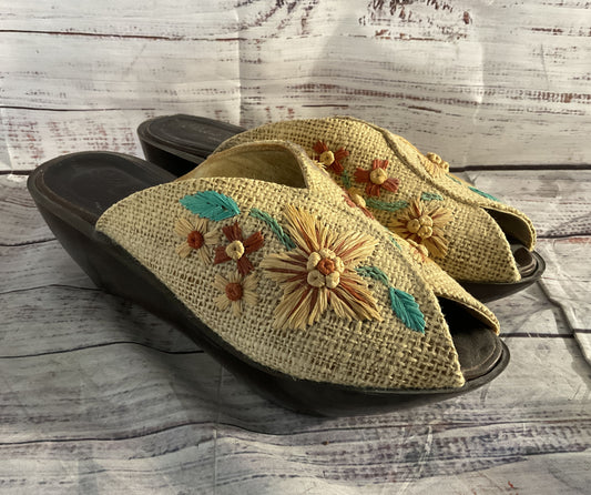 Robert Clergerie Raffia Floral Platform Wedge Sandals Multicolor 7.5