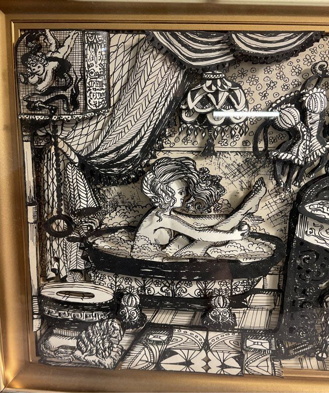 Vintage Black & White 3D Art Print of Women Bathing in Tub Gold Frame 11"X 9"