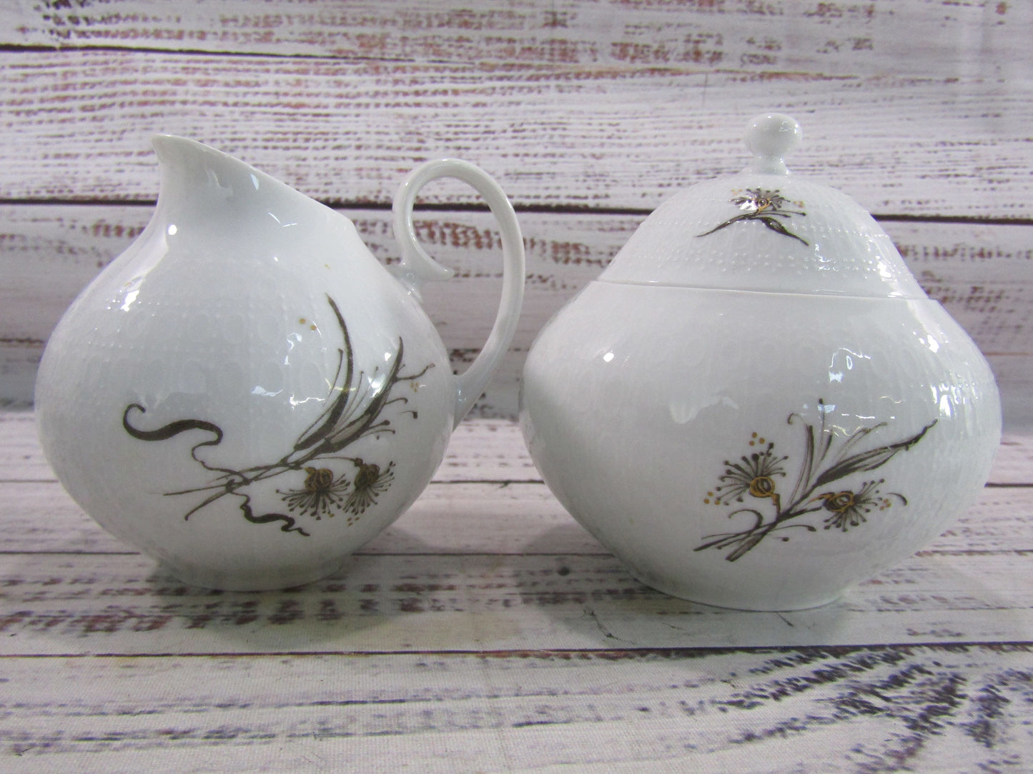 Rosenthal Basquette Bjorn Wiinblad White Porcelain Cup Saucer Creamer Sugar Bowl