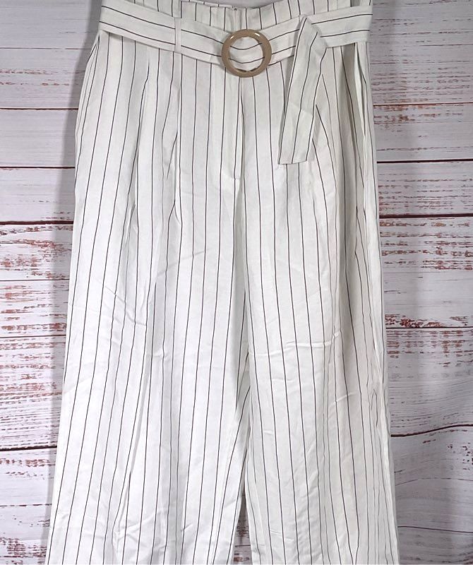 WAFY Striped Belted Wide Leg Pants White L