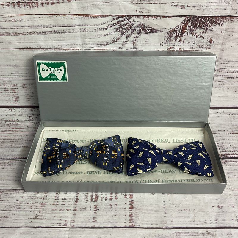 Josh Bach X Beau Ties of Vermont Blue Paper Plane & Skyline Clip On Bowties Set