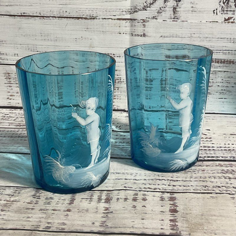 VTG. Mary Gregory Hand Painted Blue Glassware Pitcher & Cups 5 Pc. Set