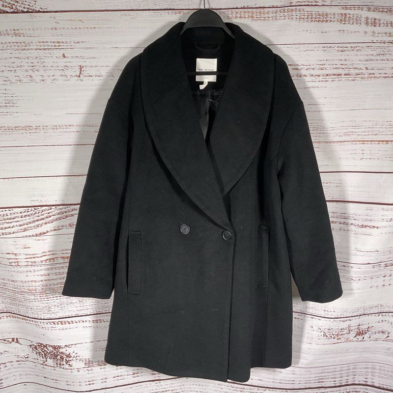 Avec Les Filles Black Poly Shawl Collar Double Breasted Peacoat Jacket - Size L